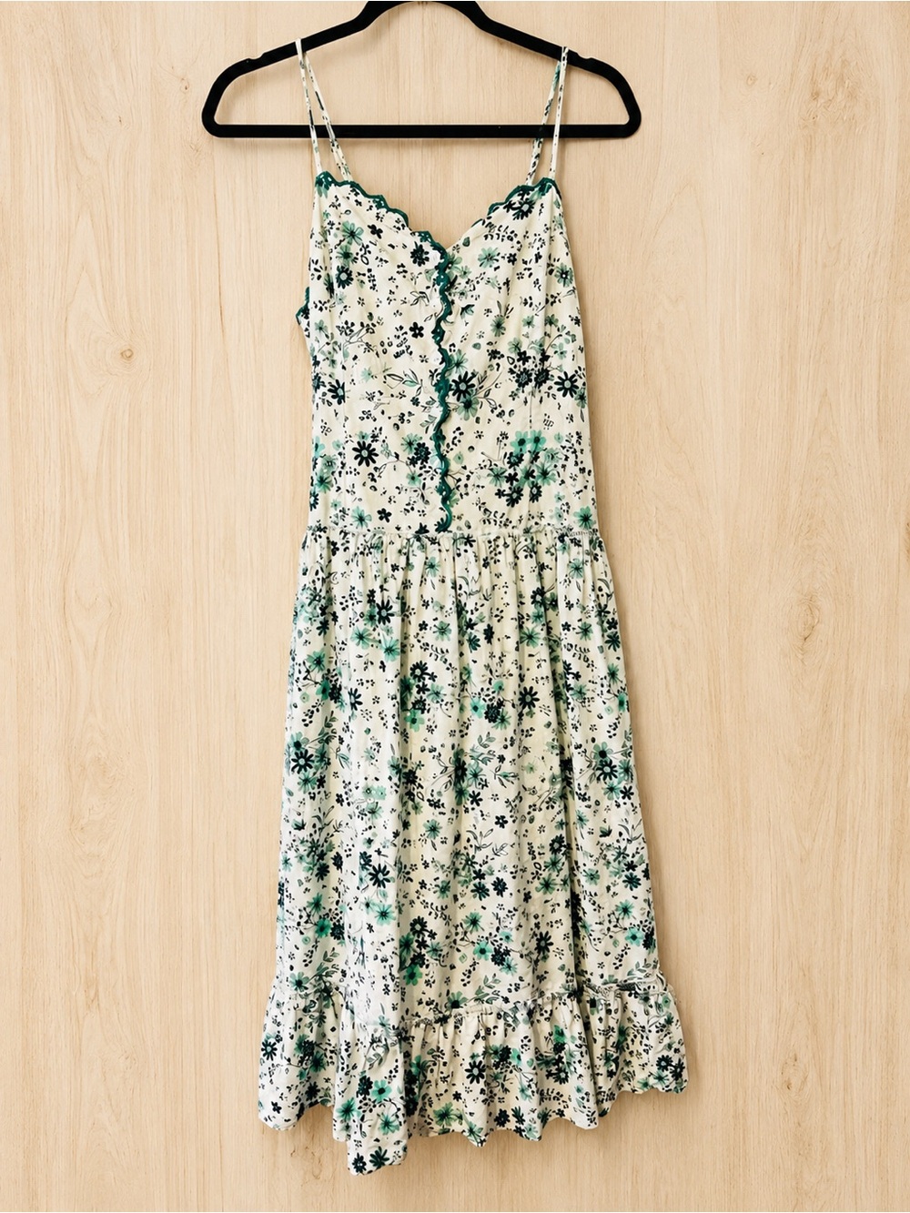 Anthropologie White Midi Dress with Green Floral Print